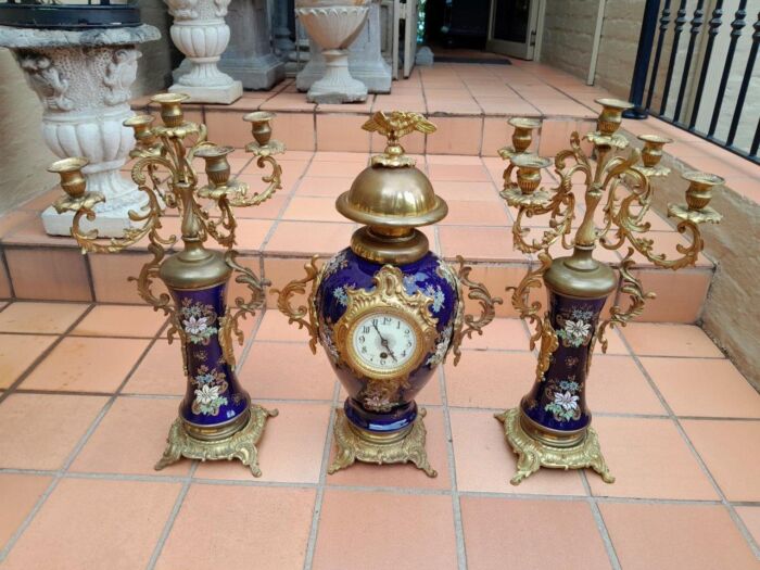 An Early 20th Century (Circa 1911) French Rococo Style Clock Garniture Set With Gilt Metal Mounts. Clock has key and pendulum.  - Image 2