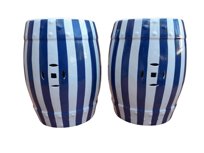 A Decorative Pair Of Blue / Off White Stripe Side Table / Seating Stool /  Decorative Accessory