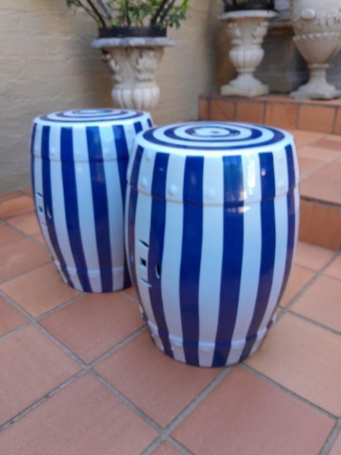 A Decorative Pair Of Blue / Off White Stripe Side Table / Seating Stool /  Decorative Accessory - Image 4