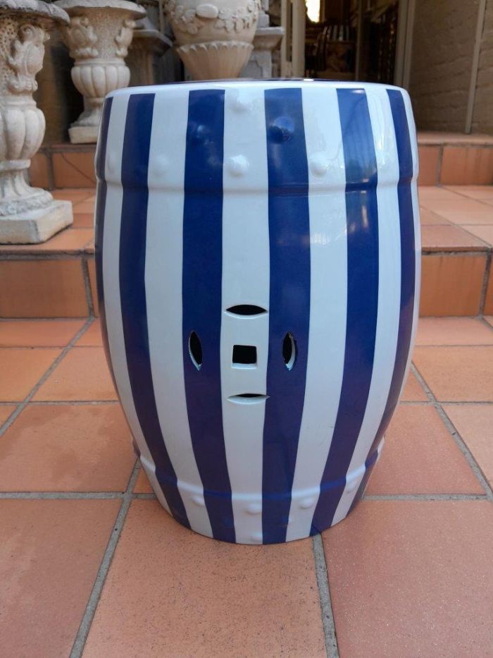 A Decorative Pair Of Blue / Off White Stripe Side Table / Seating Stool /  Decorative Accessory - Image 5