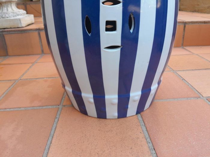A Decorative Pair Of Blue / Off White Stripe Side Table / Seating Stool /  Decorative Accessory - Image 6