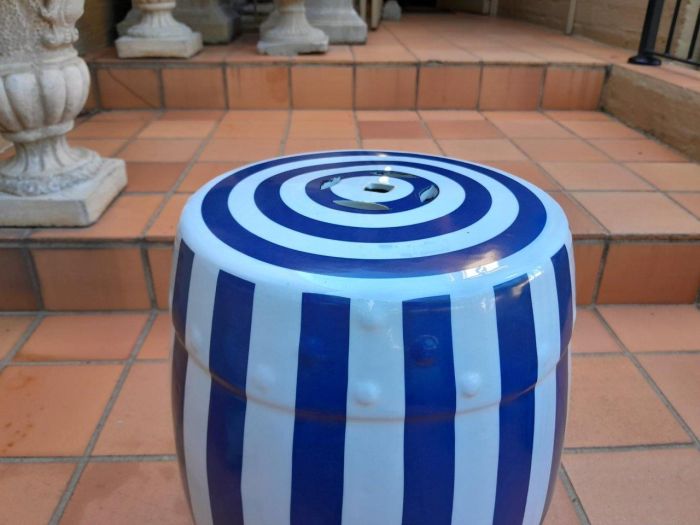 A Decorative Pair Of Blue / Off White Stripe Side Table / Seating Stool /  Decorative Accessory - Image 7