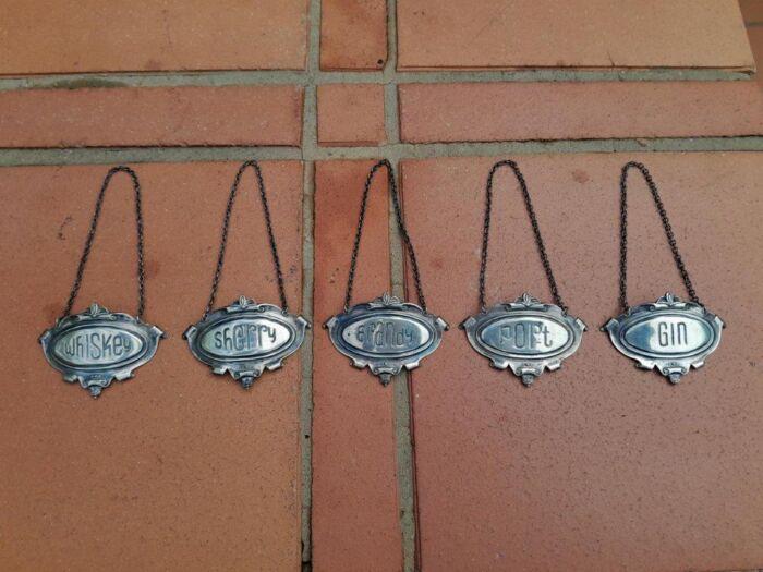 A Mid 20th Century Set of Five Sterling Silver Decanter Labels Brandy Port Sherry Gin Whisky  Weight 70grams - Image 2