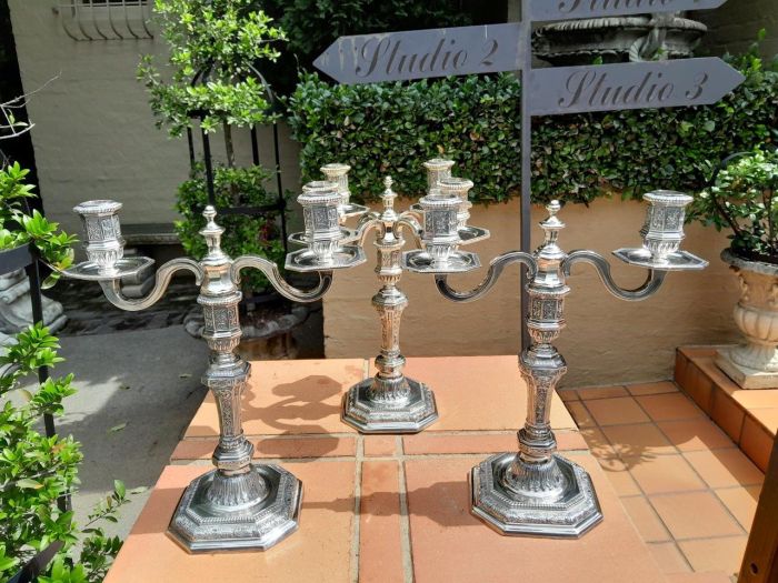 A Set Of Three Christofle Silver Plate Candelabras Comprising A Pair Of Two Arm Candelabras And A Single Four Arm Candelabra - Image 2