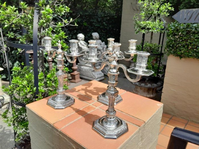 A Set Of Three Christofle Silver Plate Candelabras Comprising A Pair Of Two Arm Candelabras And A Single Four Arm Candelabra - Image 3