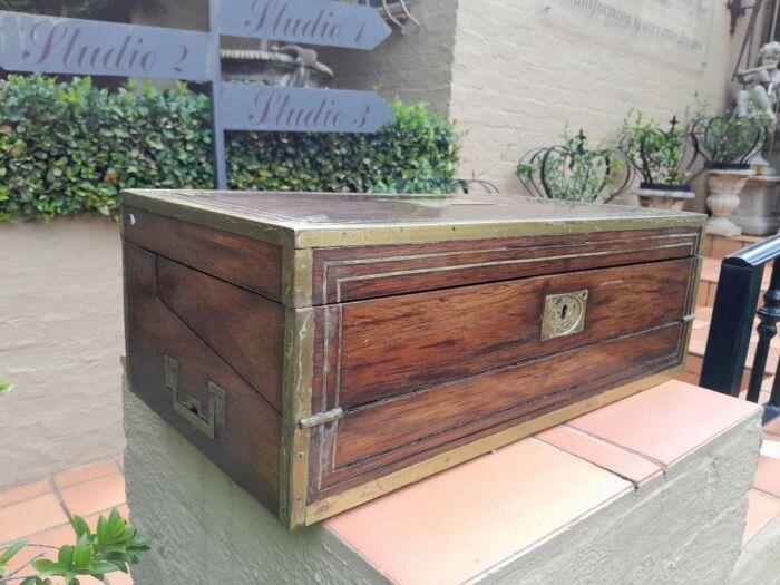 An Antique Victorian Rosewood Writing Slop with Leather Inside and Brass Hardware has Lock and Key - Image 3