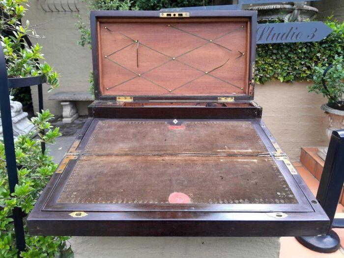 An Antique Victorian Rosewood Writing Slop with Leather Inside and Brass Hardware has Lock and Key - Image 5
