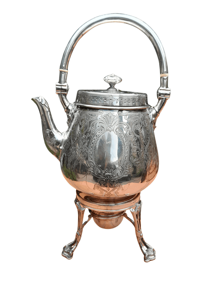 An Antique Victorian Silver Plate Tea Kettle on Stand with Burner