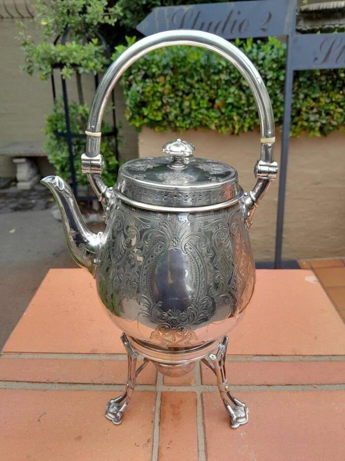 An Antique Victorian Silver Plate Tea Kettle on Stand with Burner - Image 2
