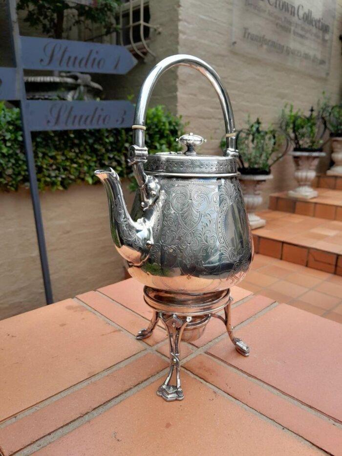 An Antique Victorian Silver Plate Tea Kettle on Stand with Burner - Image 3