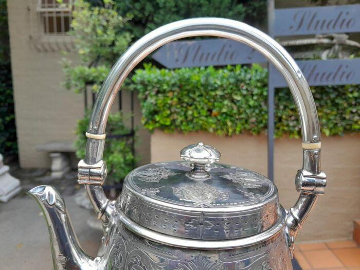 An Antique Victorian Silver Plate Tea Kettle on Stand with Burner - Image 6