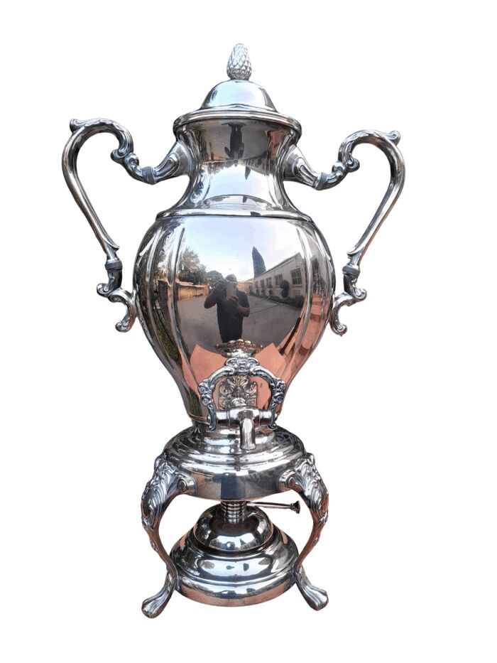 A 20th Century Silver Plate Tea Urn on Stand with Burner