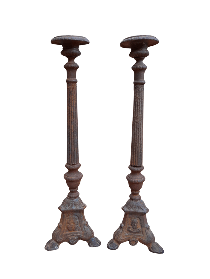 A 20th Century Pair of Cast Iron Candle Holders / Sticks