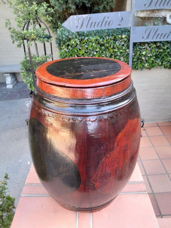 An Antique Chinese /  Qing Dynasty Ebonized Wooden Barrel - Image 2