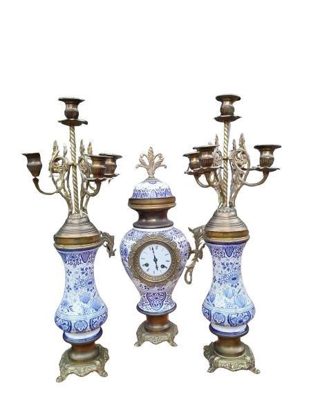 An Antique 19Th Century Blue / White Dutch Garniture Set With Key And Pendulum