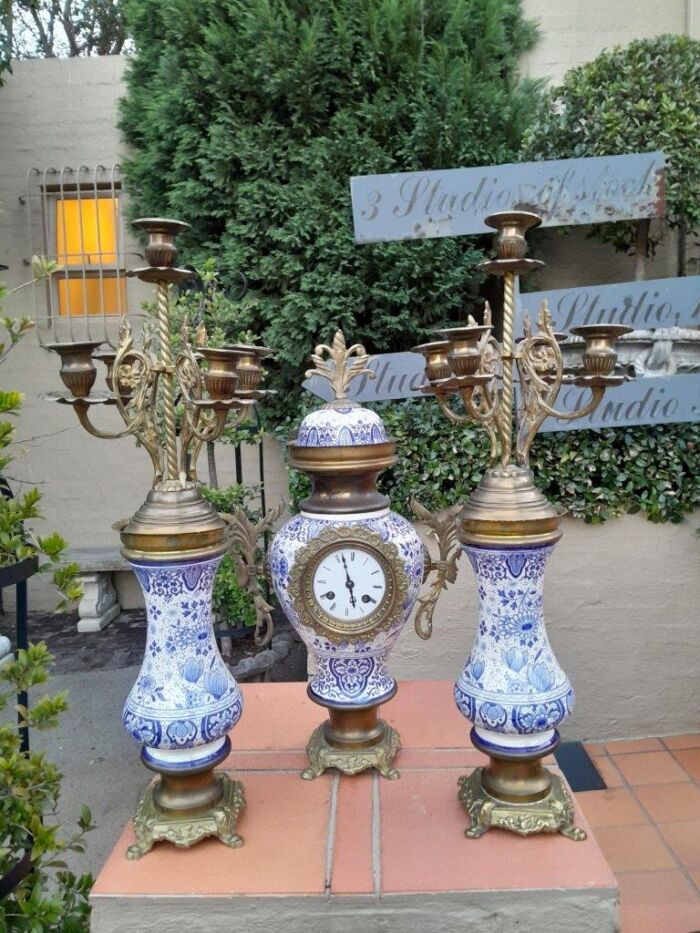 An Antique 19Th Century Blue / White Dutch Garniture Set With Key And Pendulum - Image 2