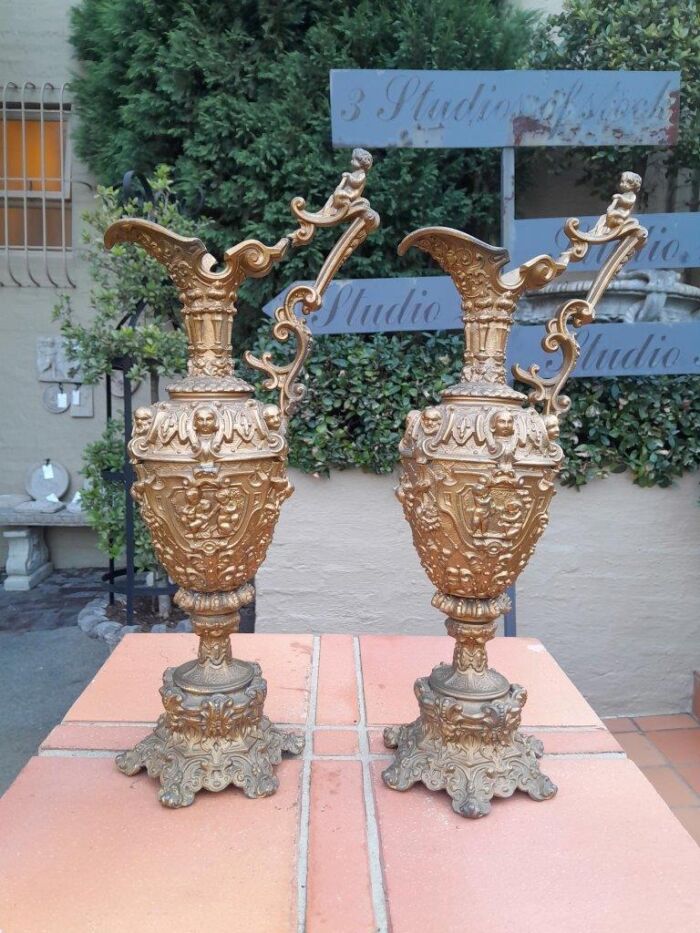 An Antique 19th Century Pair Of Revival Style Gilt Metal Ewers Of Large Proportions - Image 2