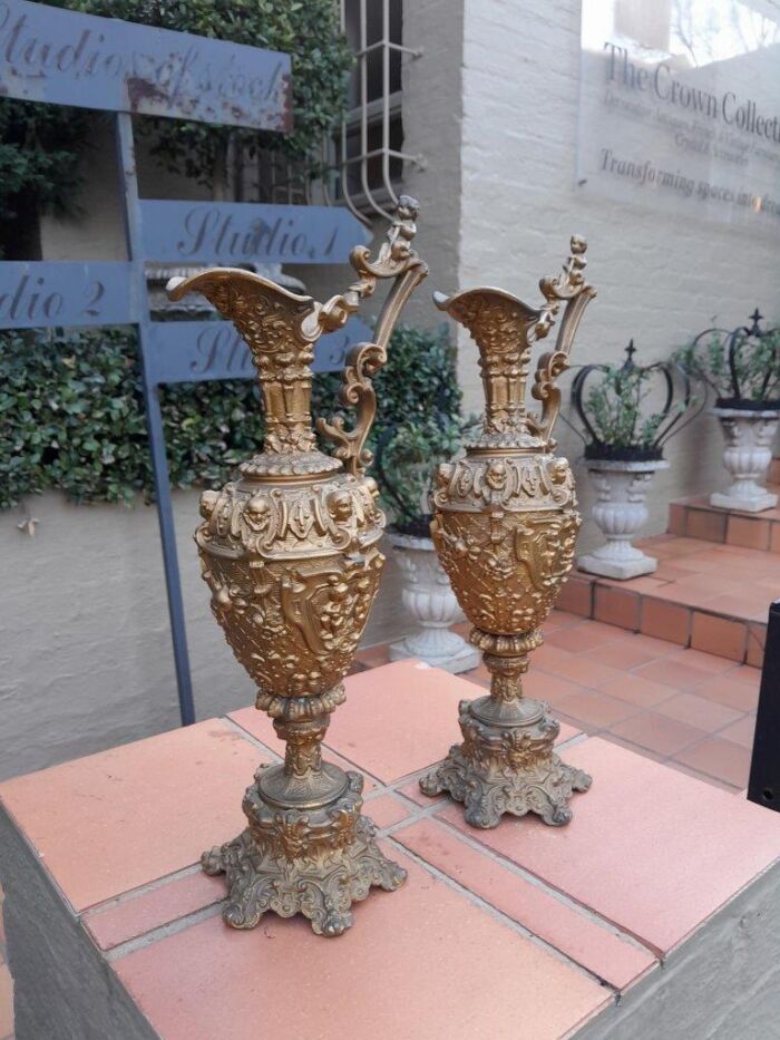 An Antique 19th Century Pair Of Revival Style Gilt Metal Ewers Of Large Proportions - Image 3