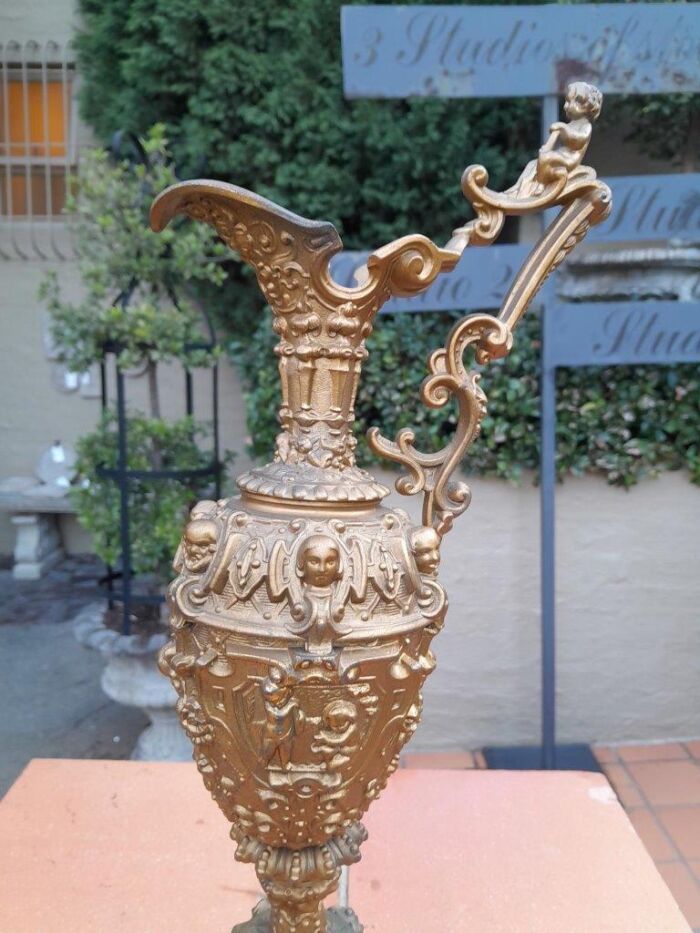 An Antique 19th Century Pair Of Revival Style Gilt Metal Ewers Of Large Proportions - Image 6