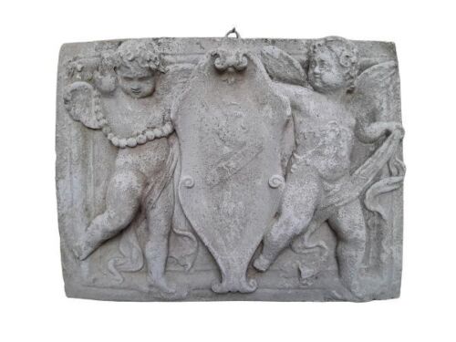 A Concrete Relief Plaque Sculpture With Putti (Cherubs) Holding A Crest