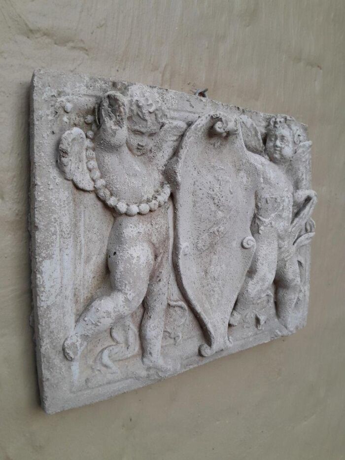 A Concrete Relief Plaque Sculpture With Putti (Cherubs) Holding A Crest - Image 3