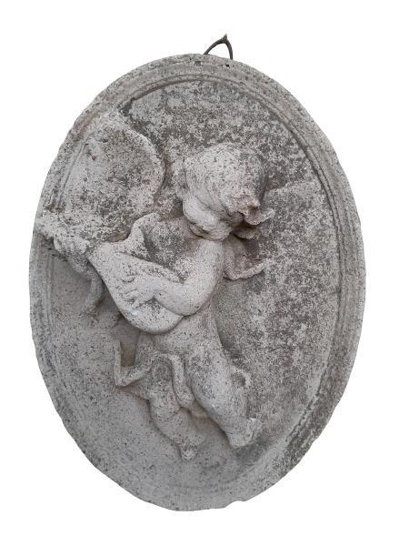 A Concrete Relief Oval Sculpture Of An Ornate Cherub Plaque