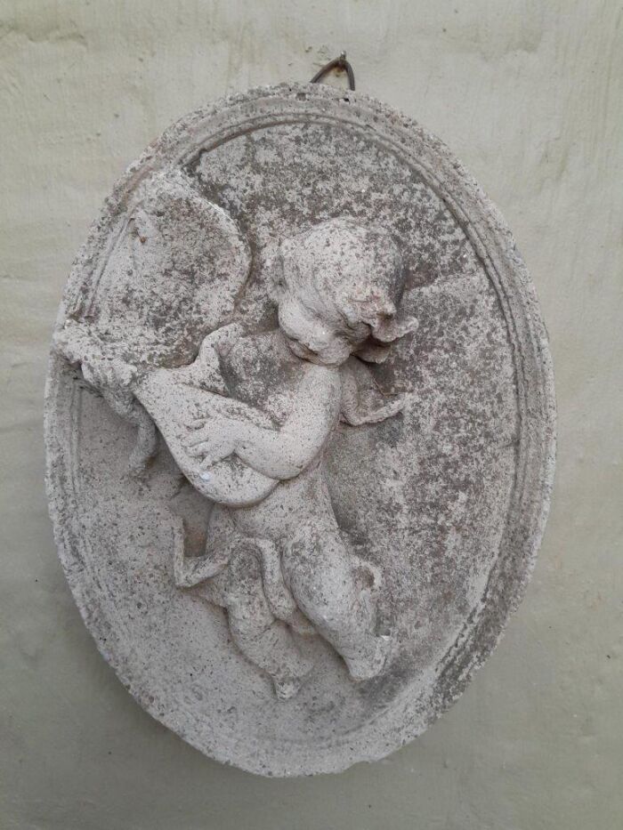 A Concrete Relief Oval Sculpture Of An Ornate Cherub Plaque - Image 2