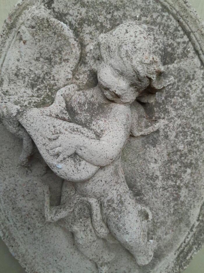 A Concrete Relief Oval Sculpture Of An Ornate Cherub Plaque - Image 5