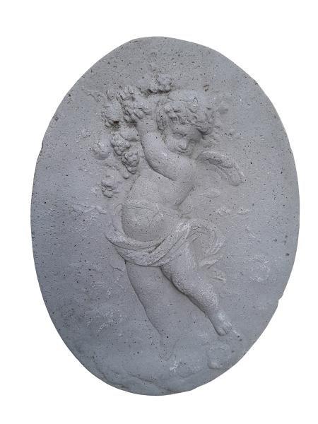 A Concrete Relief Oval Sculpture Of An Ornate Cherub Plaque