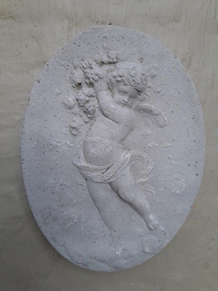 A Concrete Relief Oval Sculpture Of An Ornate Cherub Plaque - Image 2