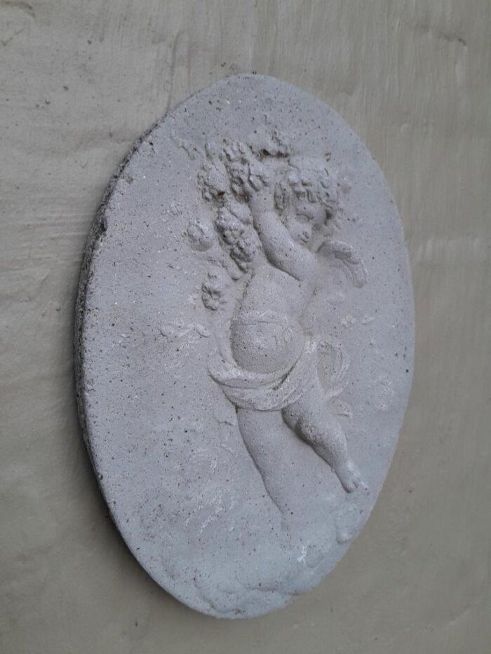 A Concrete Relief Oval Sculpture Of An Ornate Cherub Plaque - Image 3