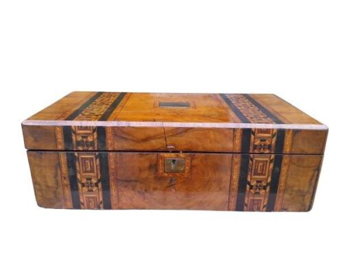 An Antique Victorian Circa 1800s Walnut And Inlaid Writing Box With Leather Interior