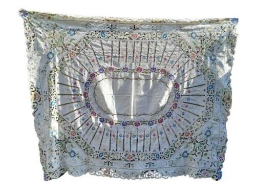 A Vintage Linen  Madeira Floral Coloured And Hand Embroidered Unused Tablecloth