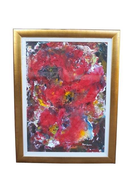 A 20th Century Large Oil On Board Oil / Collage Of Poppies Signed In A Gold Frame