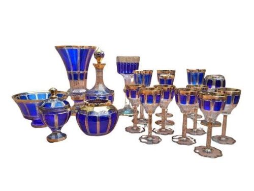 An Early 20th Set Of Twelve Moser Hand Painted Cobalt Blue And Gilt Glasses With Matching Chalice