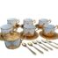 A 20th Century Set Of Six Italian  Monopoli Porcelain Tea Cups And Saucers With Gilt Metal Holders And Six Gold Teaspoons And Sugar Cup With Lid