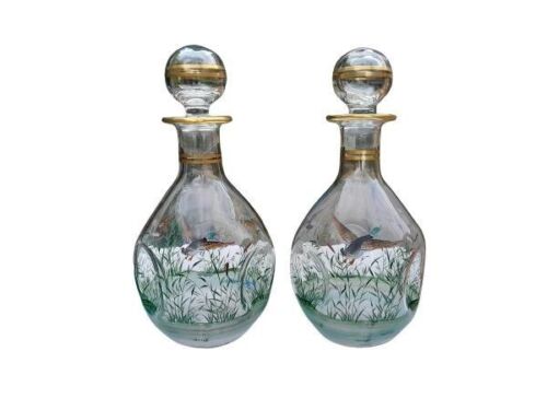 A 20th Century Pair Of Bohemian Decanters With Gilt Rings And Spherical Stopper And Hand Painted Geese And Reeds