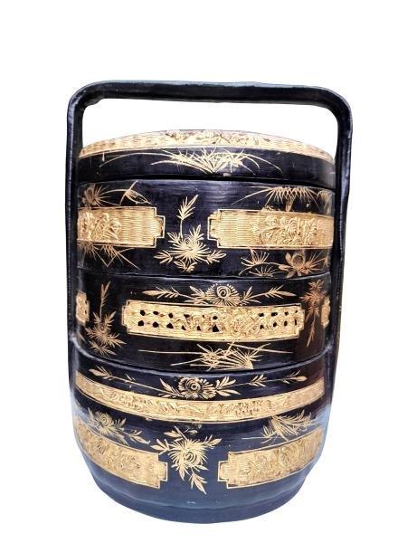 A 20TH Century Chinese Painted Black With Gilt Highlights Wooden Wedding Basket