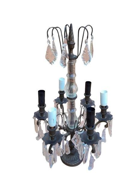 A 20TH Century French Girandole Cast Metal And Crystal Lamp