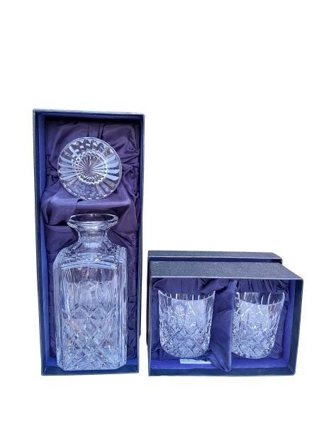 A Stuart Crystal Decanter And A Pair Of Whiskey With Boxes