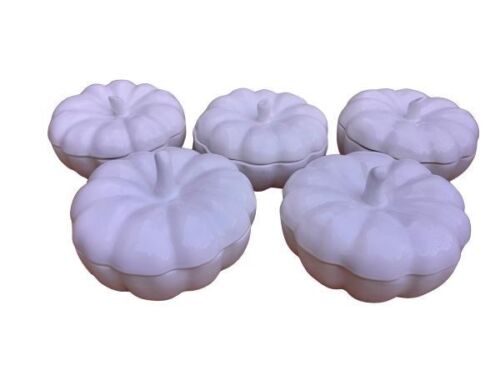 A Set Of Five Glazed Pottery Pumpkin Shape Serving Dishes With Lids