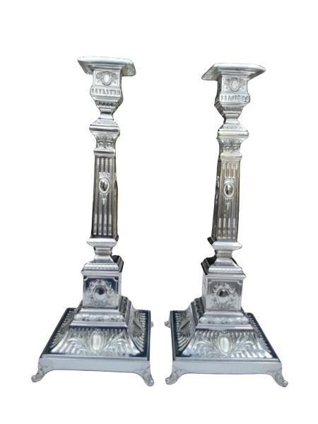 A 20TH Century Ornate Corinthian Silver Candlesticks / Holders