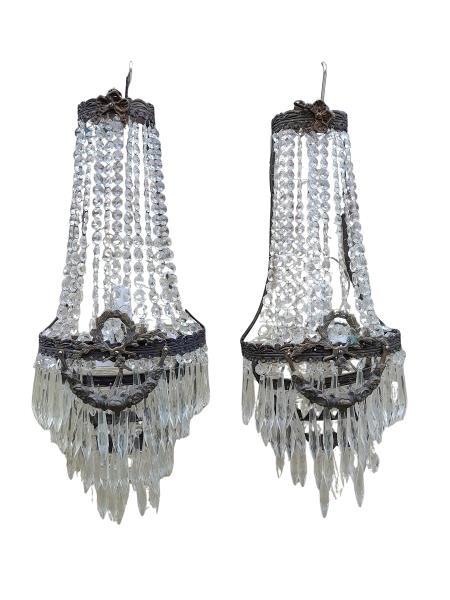 A Pair Of 20TH Century French Empire Style Crystal Wall Sconces / Lights Electrified