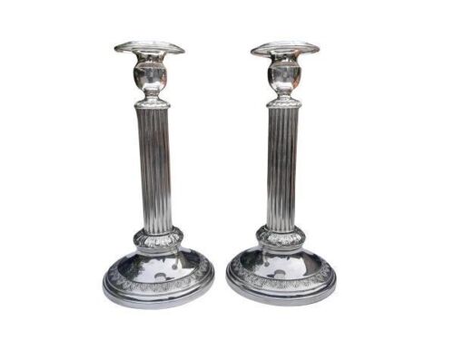 A 20TH Century Silver-Plate Pair Of Candleholders / Sticks With Removable Wax Pans