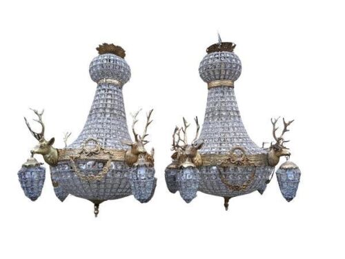 A 20th Century Pair Of French Empire Style Brass Crystal Bead Chandeliers With Deer Heads And Strawberries