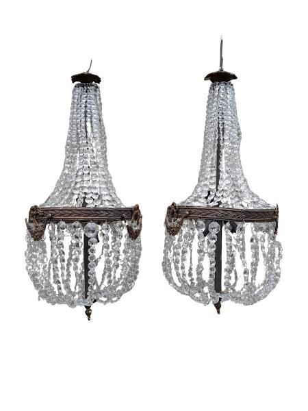 A 20th Century Pair Of French Empire Style Brass & Crystal Chandeliers
