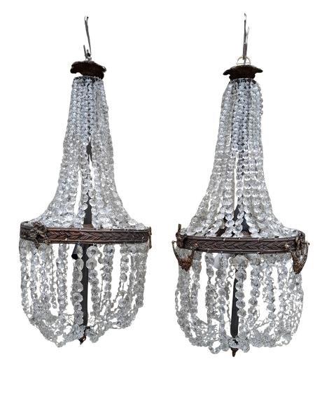 A 20th Century Pair Of French Empire Style Brass & Crystal Chandeliers