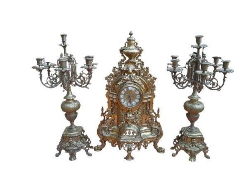A 20th Century Set Of Rococo Style Brass  Garniture Clock And Candelabra Set