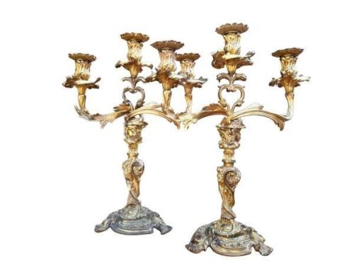 An Antique19th Century Pair French Gilded Bronze Three Arm Candelabras