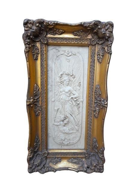 An Antique Carrara Marble Plaque In An Ornately Carved Frame By E W Wyon